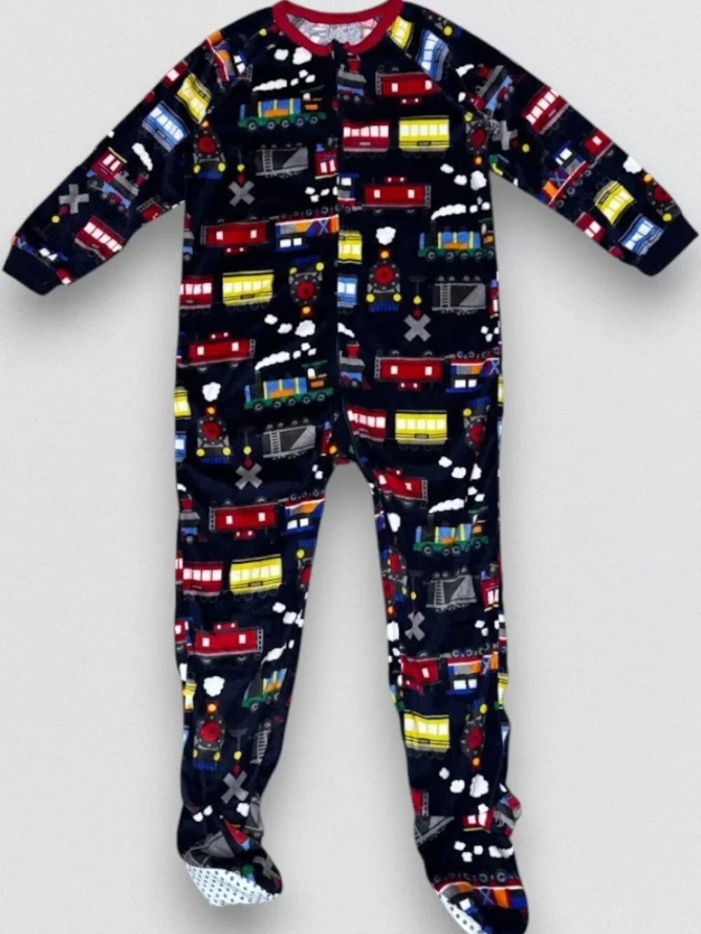 Train Print Footed Sleeper Pajamas 4T One Piece Zip Up Navy Plush Velour